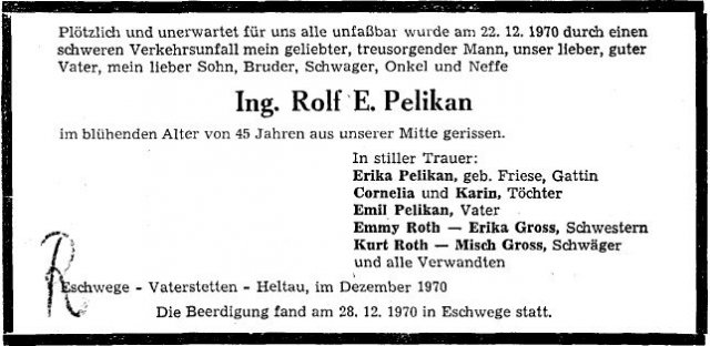 Pelikan Rolf 1935-1970 Todesanzeige